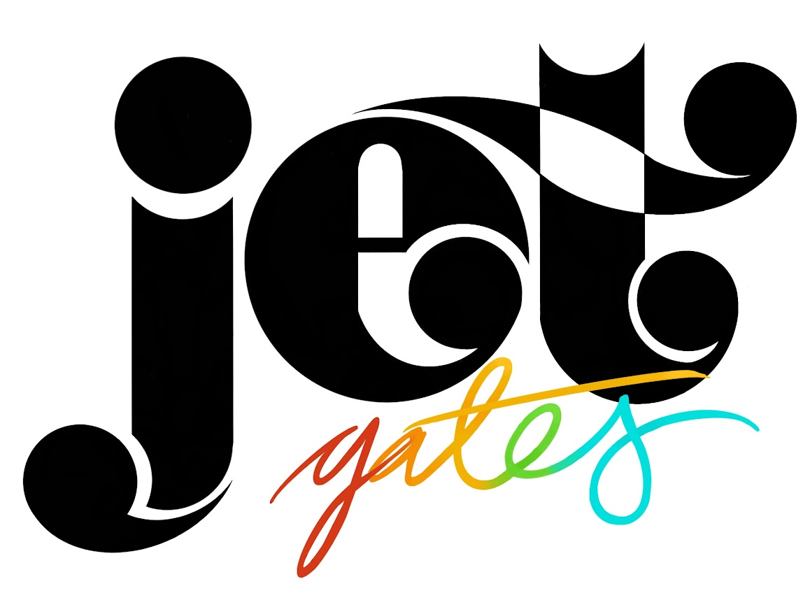 Jet is written in a black serif font with exaggerated curves on the end of the letters with Gates written underneath in rainbow italic font